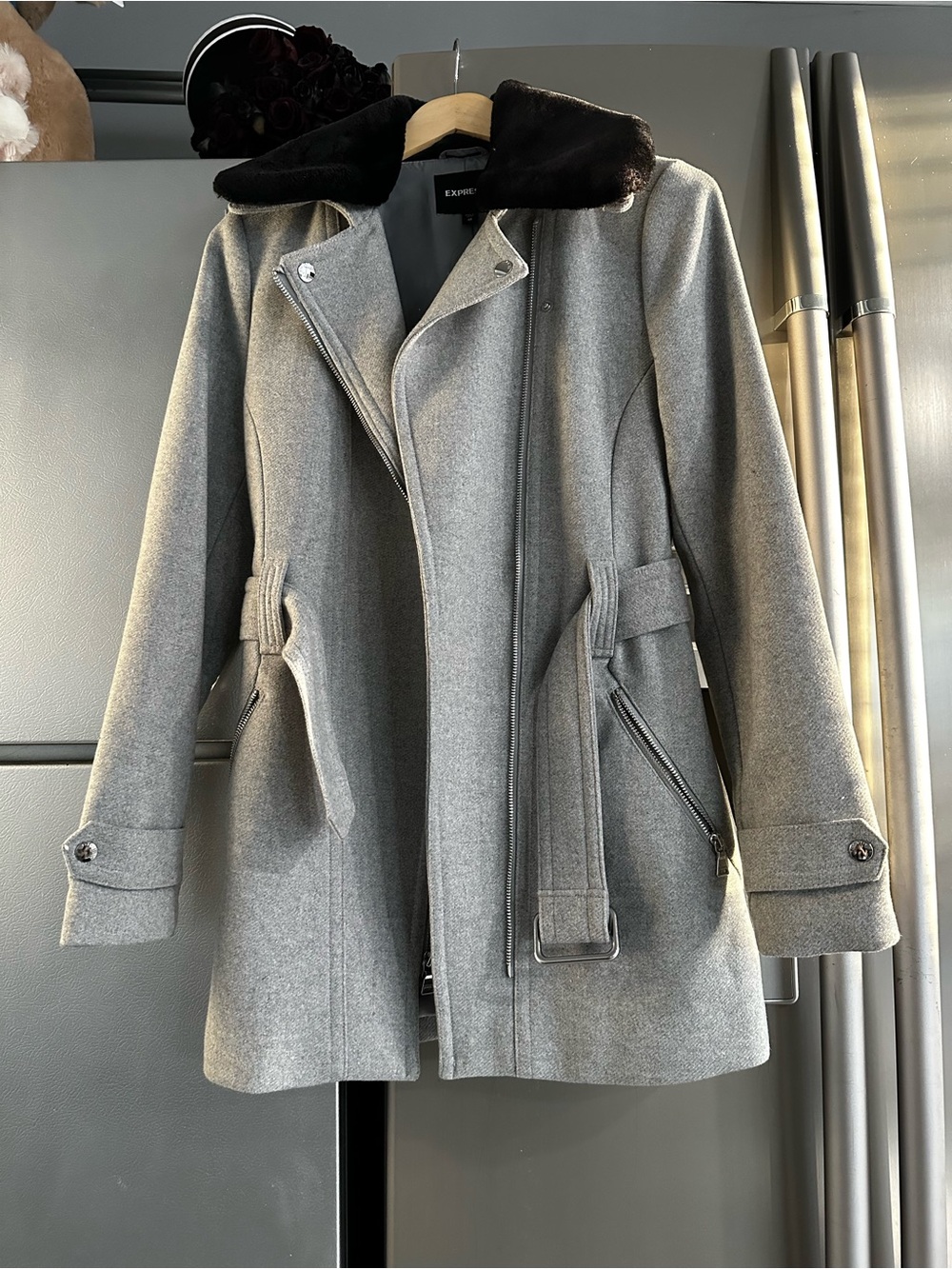 Express Gray Wool-Blend Peacoat with Black Faux-Fur Collar